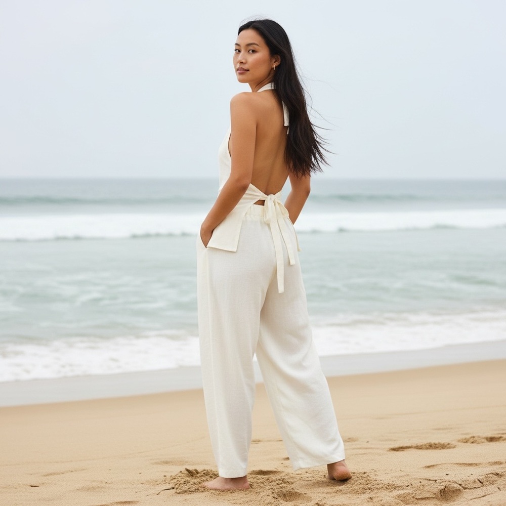 NWOT Linen Blend Vest and Wide Leg Pants Set, Cream White Size L Resort Vacation